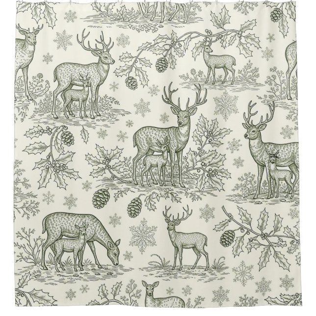 Woodland Deer Winter Toile Pattern Shower Curtain (Front)