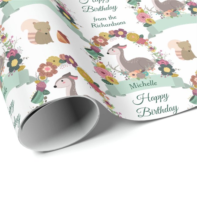 Woodland Deer Wreath Happy Birthday Wrapping Paper (Roll Corner)