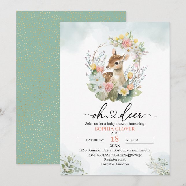 Woodland deerflowers greenery watercolor baby show invitation (Front/Back)