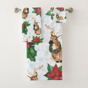 Woodland Deers In Watercolor Christmas Bath Towel Set