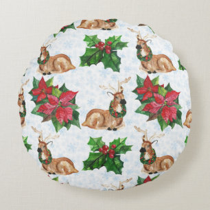 Woodland Deers In Watercolor Christmas Round Cushion