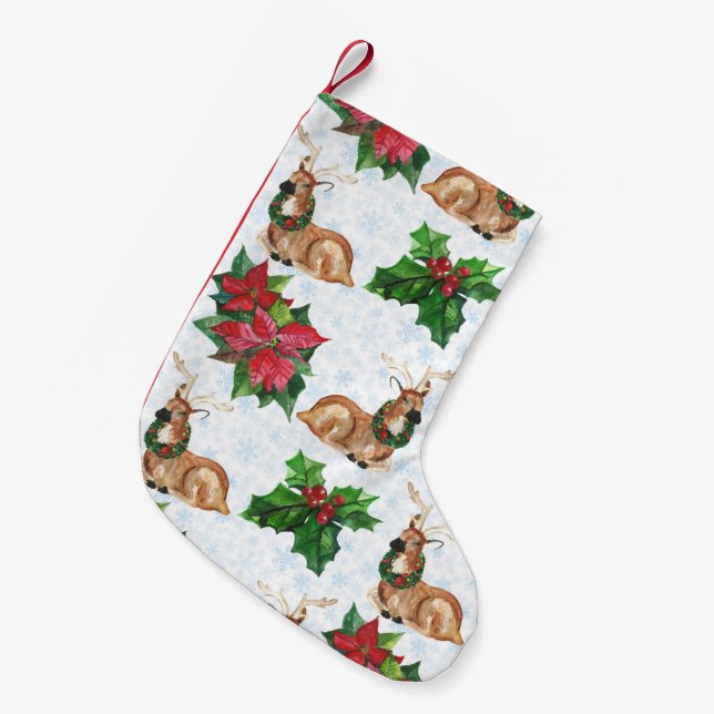 Woodland Deers In Watercolor Christmas Small Christmas Stocking (Front (Hanging))
