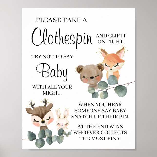 Woodland Don't say baby game baby shower sign (Front)