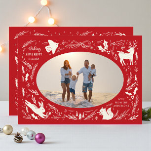 Woodland Doodle Red Christmas Family Photo Holiday Card