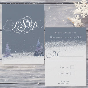 Woodland Dusty Blue and White Winter Snow Wedding RSVP Card