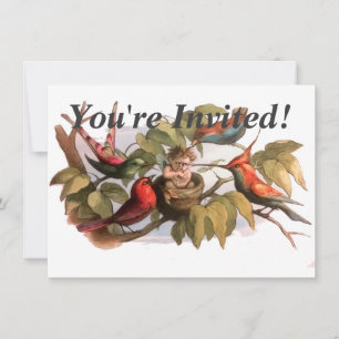 Woodland Elf in Nest: Antique Bird Sprite Fairy Invitation