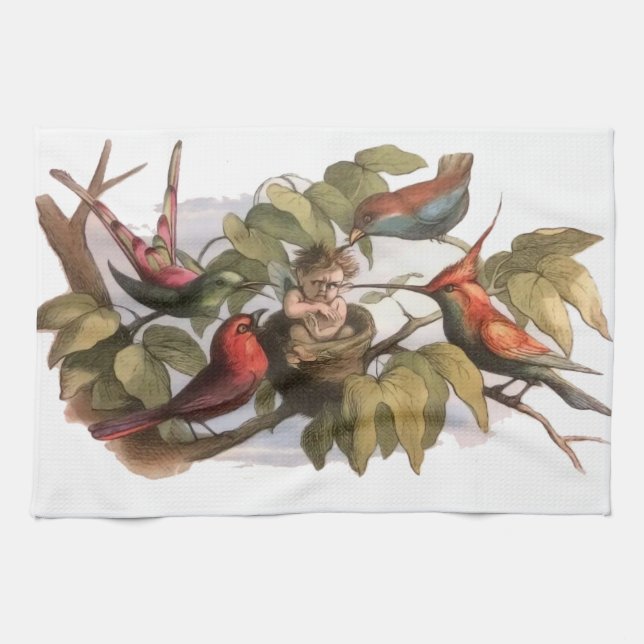 Woodland Elf in Nest: Antique Bird Sprite Fairy Tea Towel (Horizontal)