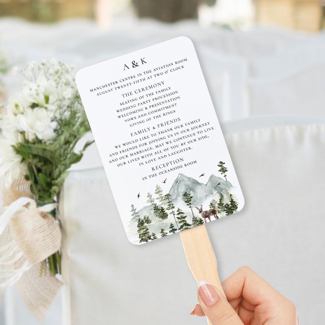 Woodland Evergreen Mountains Wedding Program Hand Fan (Creator Uploaded)