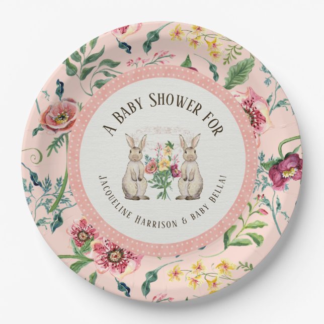 Woodland Fairytale Rabbits Floral Girl Baby Shower Paper Plate (Front)