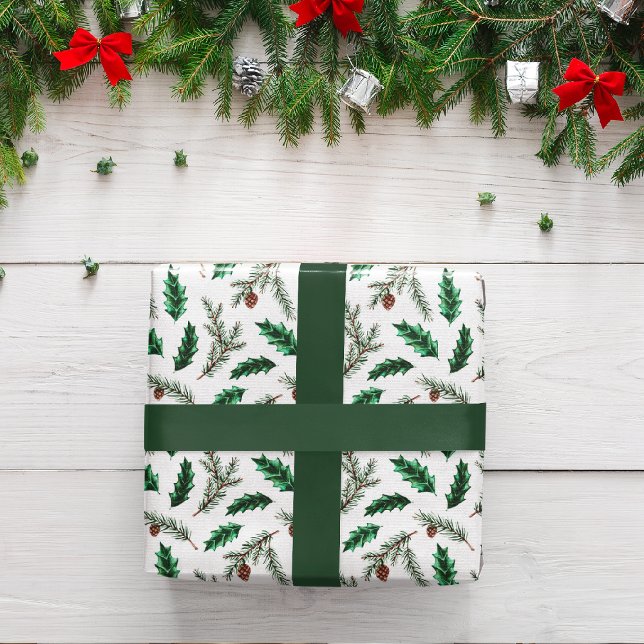 Woodland Fall Green, White & Gold Christmas Gift Wrapping Paper Sheet (Creator Uploaded)