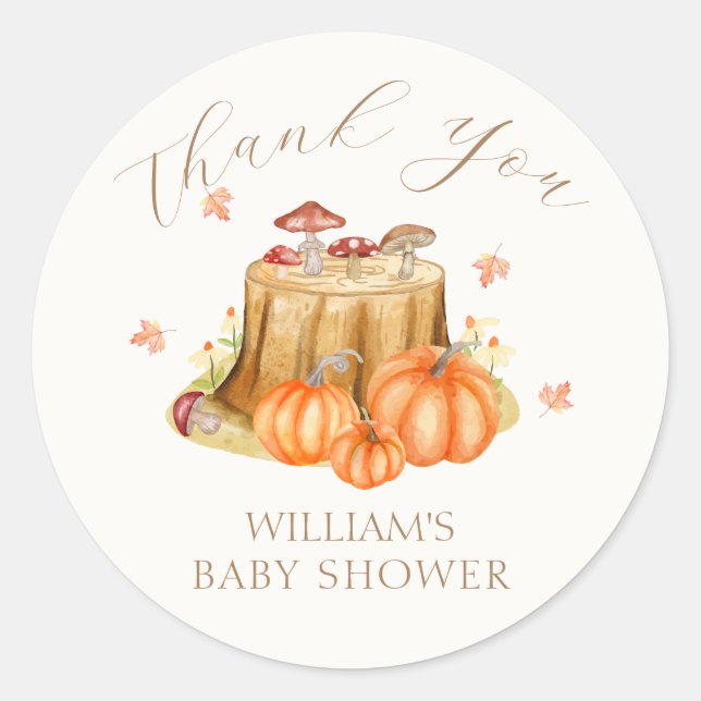 Woodland Fall Pumpkin Mushroom Baby Shower Classic Round Sticker (Front)