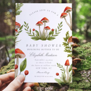 Woodland Fall Watercolor Mushroom Baby Shower Invitation