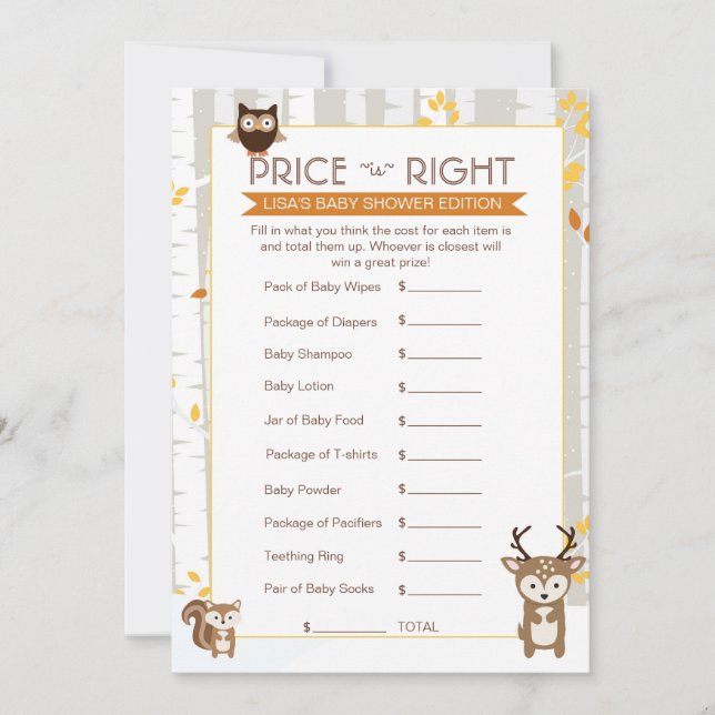 Woodland Fall / Winter Baby Shower Price Game (Front)