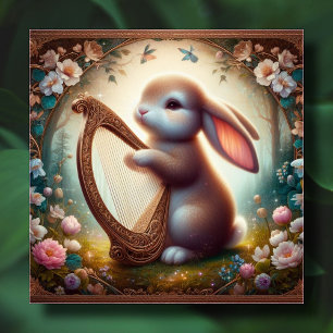 Woodland Fantasy Bunny Flowers Harp Easter Holiday Card