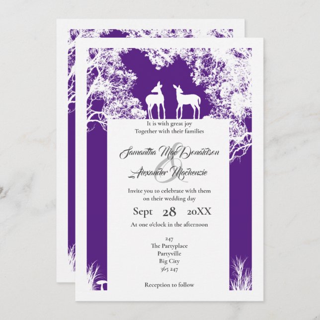 Woodland faux papercut purple wedding invitation (Front/Back)
