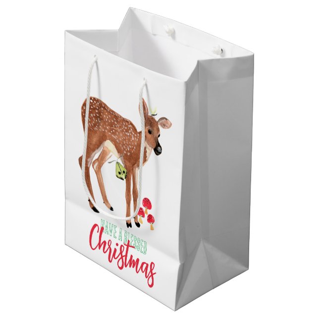 Woodland fawn and red mushrooms medium gift bag (Front Angled)