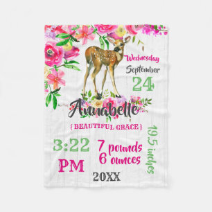Woodland Fawn Deer Watercolor Baby Birth Stats Fleece Blanket