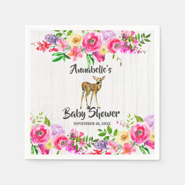 Woodland Fawn Deer Watercolor Floral Baby Shower Napkin (Front)