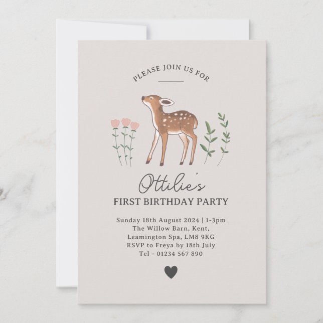 Woodland Fawn Flowers Birthday Invitation (Front)