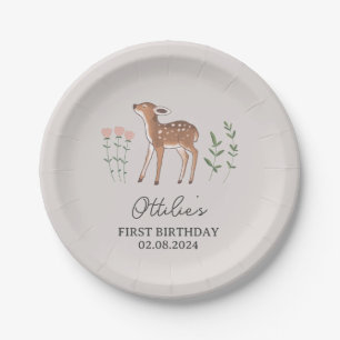 Woodland Fawn Flowers Birthday Paper Plate