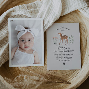 Woodland Fawn Flowers Photo Birthday Invitation
