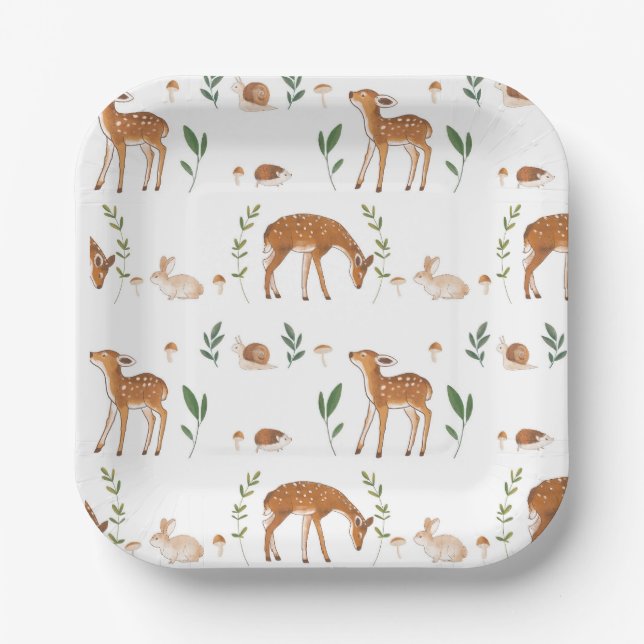 Woodland Fawn Rabbit Snail Paper Plates (Front)