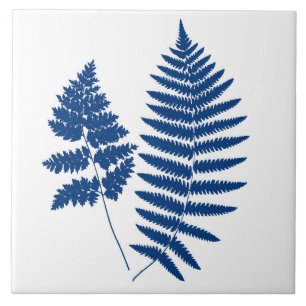 Woodland Fern, Cobalt Blue on White Tile