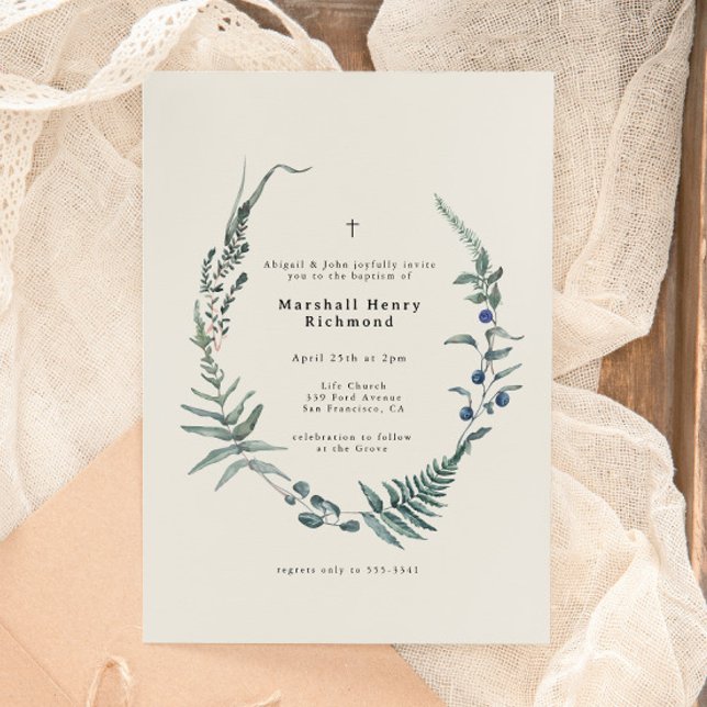 Woodland Fern Forest Berry Christening Baptism Invitation (Creator Uploaded)
