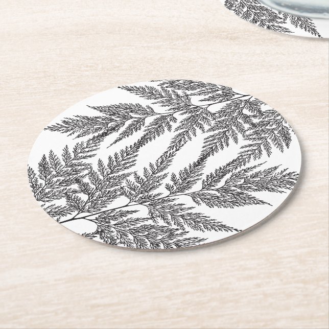 Woodland Fern Frond Silhouettes Round Paper Coaster (Angled)