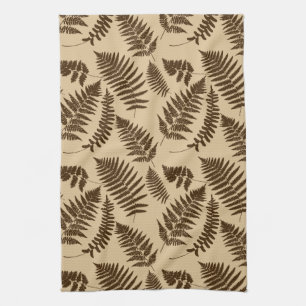 Woodland Fern Pattern, Beige and Dark Brown Tea Towel