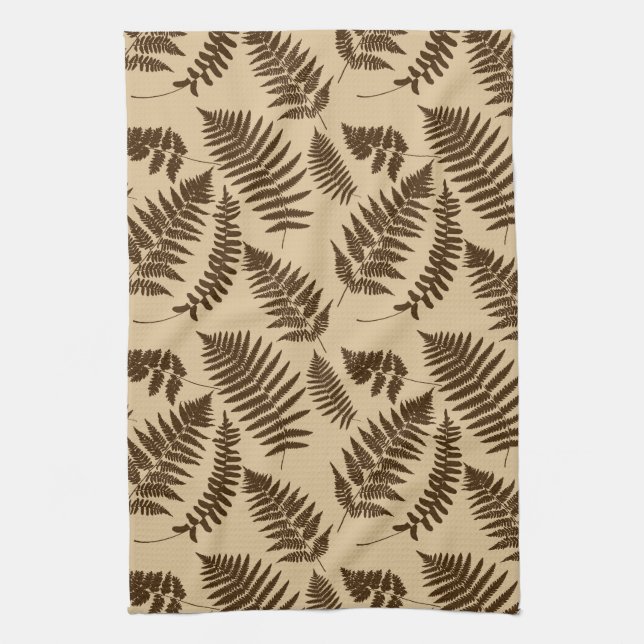 Woodland Fern Pattern, Beige and Dark Brown Tea Towel (Vertical)