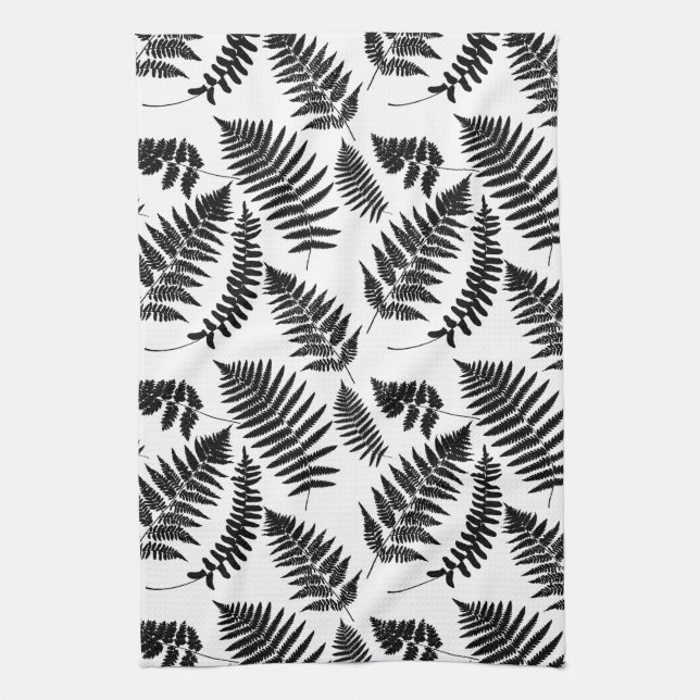 Woodland Fern Pattern, Black and White Tea Towel (Vertical)