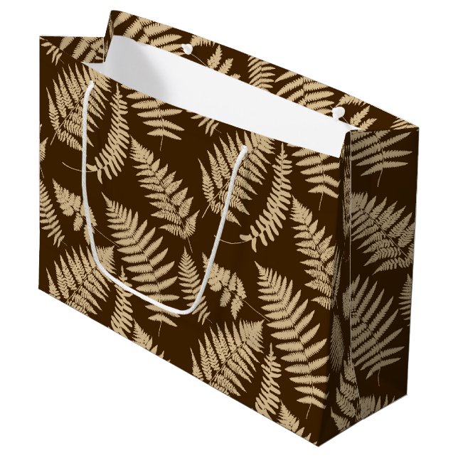 Woodland Fern Pattern, Brown and Beige Large Gift Bag (Front Angled)