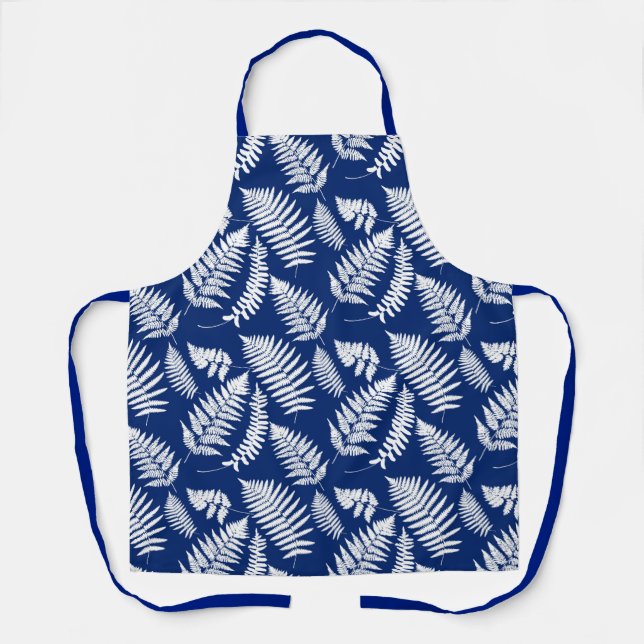 Woodland Fern Pattern, Cobalt Blue and White Apron (Front)