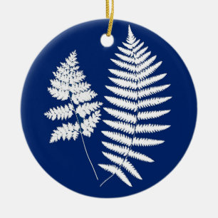 Woodland Fern Pattern, Cobalt Blue and White Ceramic Tree Decoration