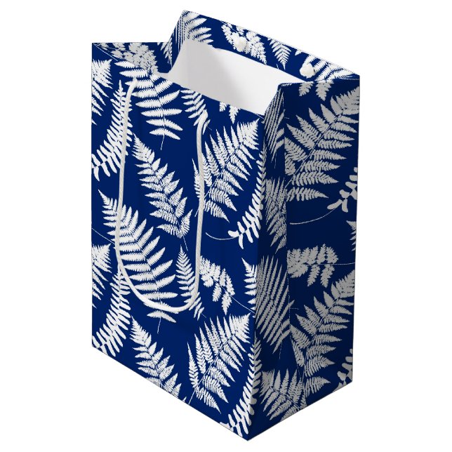 Woodland Fern Pattern, Cobalt Blue and White Medium Gift Bag (Front Angled)