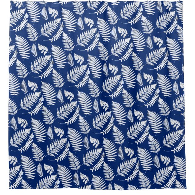 Woodland Fern Pattern, Cobalt Blue and White Shower Curtain (Front)