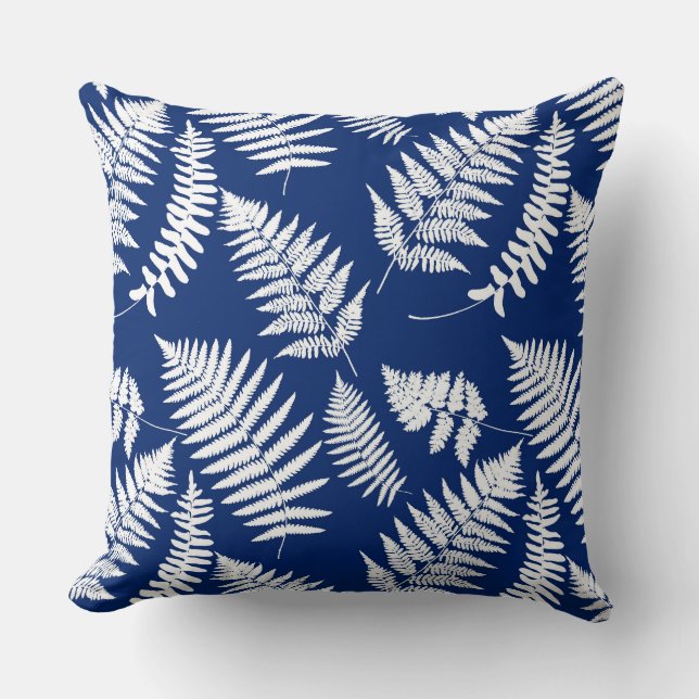 Woodland Fern Pattern, Cobalt Blue and White Throw Cushion (Front)