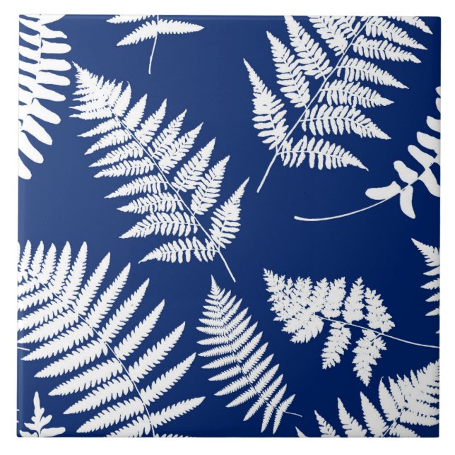 Woodland Fern Pattern, Cobalt Blue and White   Tile (Front)