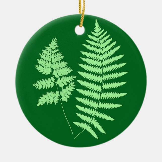 Woodland Fern Pattern, Emerald and Light Green  Ceramic Tree Decoration (Front)