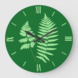 Woodland Fern Pattern, Emerald and Light Green Lar Large Clock