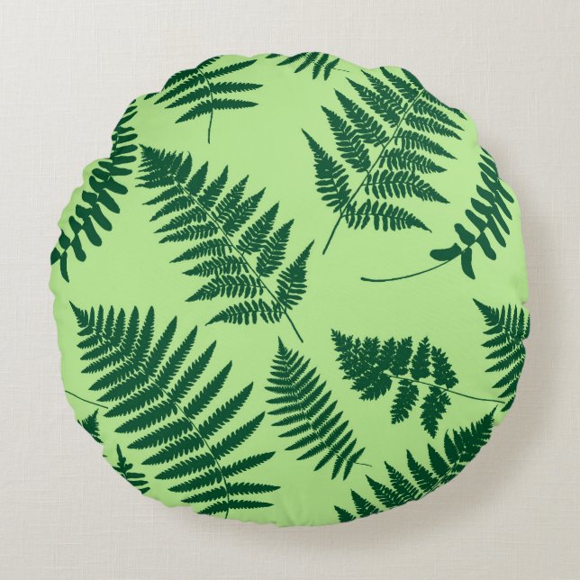 Woodland Fern Pattern, Emerald and Light Green Round Cushion (Front)