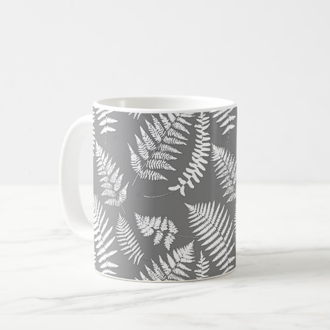 Woodland Fern Pattern, Grey / Grey and White Coffee Mug (Front Left)