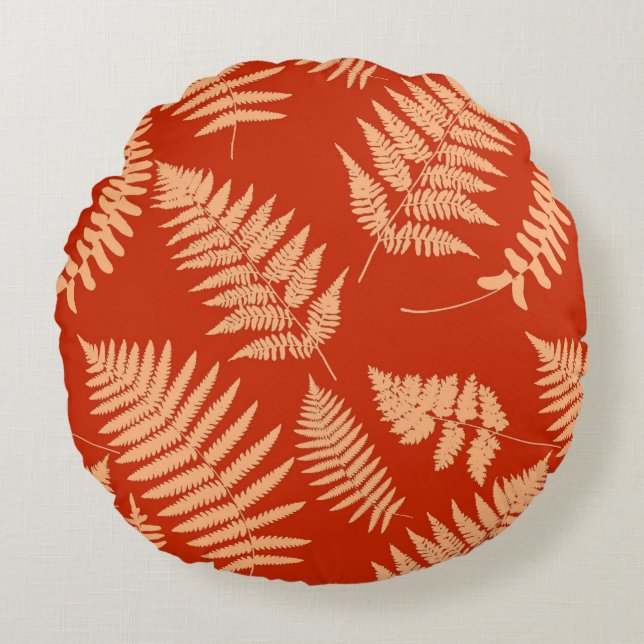 Woodland Fern Pattern, Mandarin Orange Round Cushion (Front)