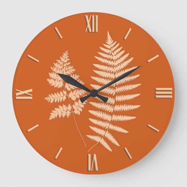 Woodland Fern Pattern, Pastel and Deep Orange Large Clock (Front)