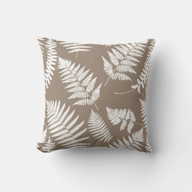 Woodland Fern Pattern, Taupe Tan and White Outdoor Cushion (Front)