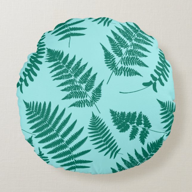 Woodland Fern Pattern, Turquoise and Aqua Round Cushion (Front)