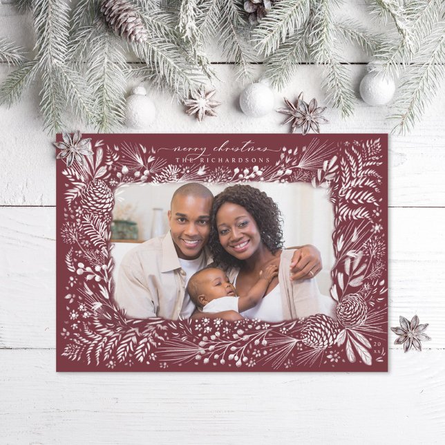 Woodland Ferns Pine Cone Burgundy Holiday Card (Creator Uploaded)