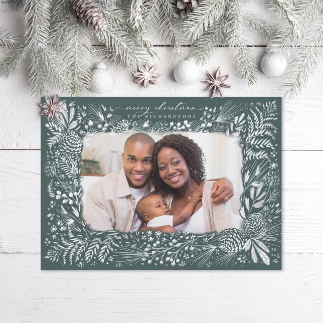Woodland Ferns Pine Cone Dark Green Holiday Card (Creator Uploaded)