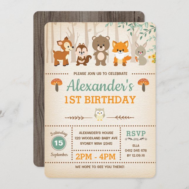 Woodland First Birthday Invitation Forest Animals (Front/Back)